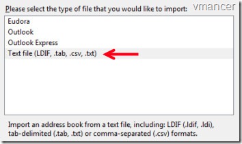 import contacts to Mozilla Thunderbird - select type of contact file to import