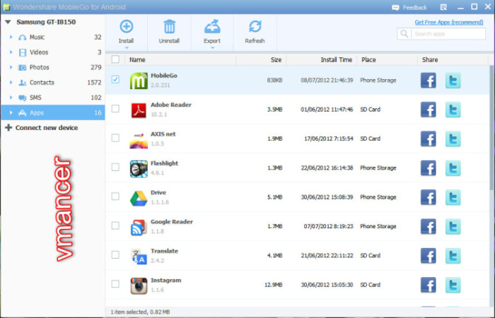 Wondershare MobileGo for Android - application manager